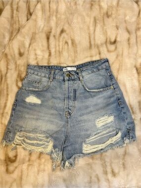 Zara Light Blue Distressed Ripped Denim Shorts